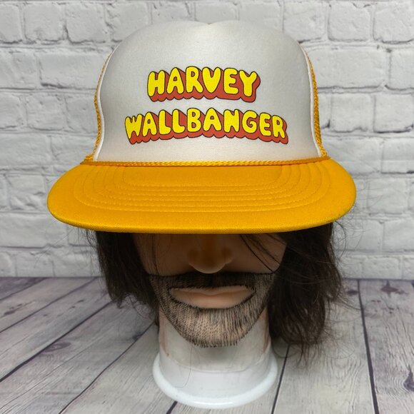 Vintage Trucker Hat Mesh Cap Snapback Yellow White Harvey WALLBANGER Print Logo - Picture 1 of 8